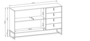 Schemat wymiarów nowoczesnej komody z szufladami i metalową podstawą.