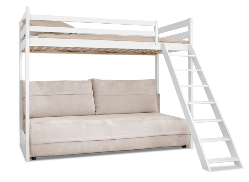 SAVIO 90x200/140x200 łóżko białe na antresoli z rozkładaną kanapą tkanina perfect harmony 02 Lano Meble