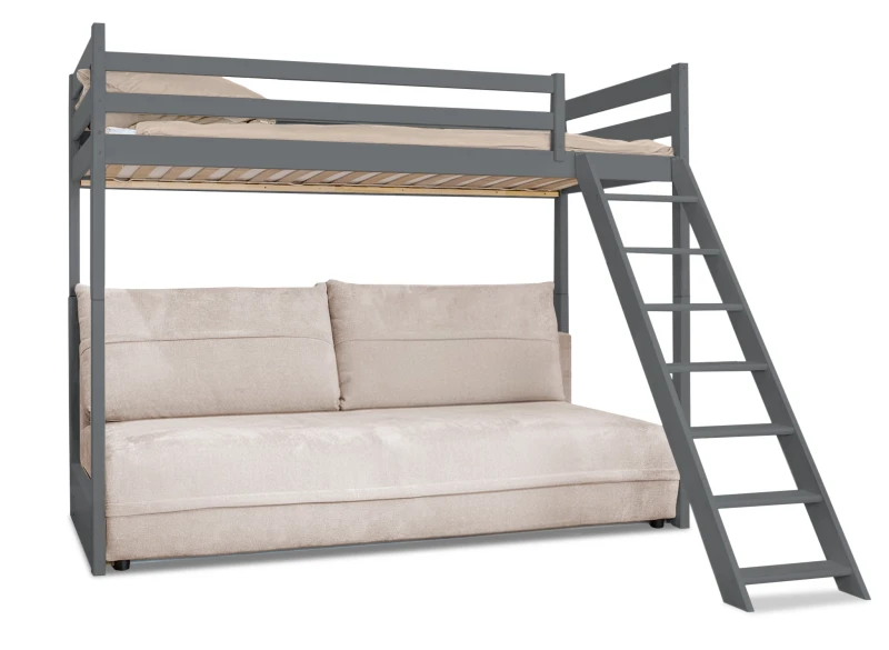SAVIO 90x200/140x200 łóżko grafit na antresoli z rozkładaną kanapą tkanina beżowa perfect harmony 02 Lano Meble