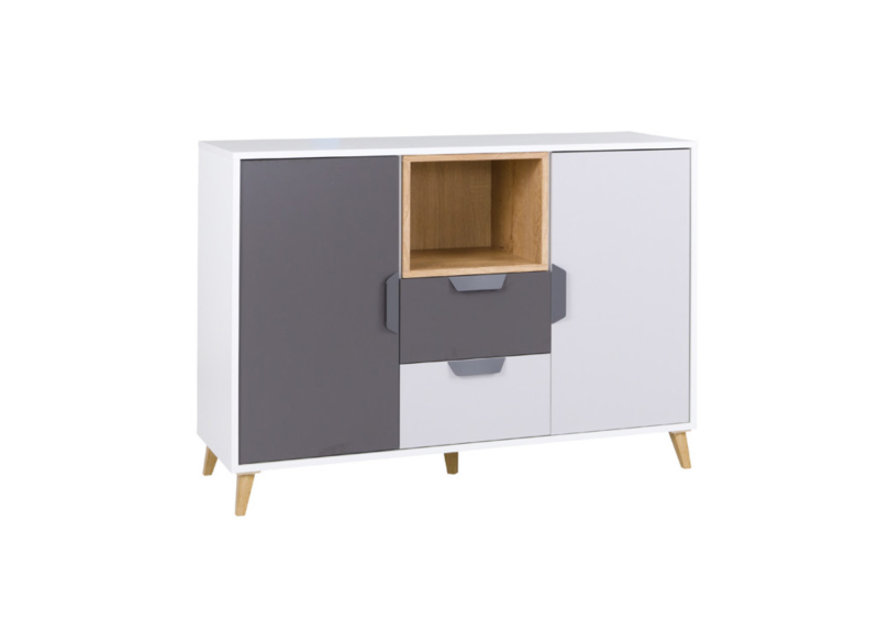 Szeroka biała komoda z szarymi szufladami i dębową wnęką