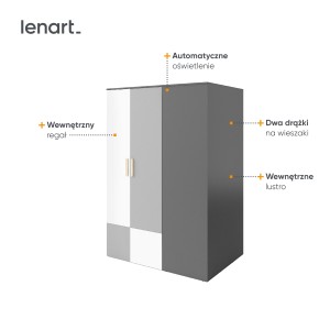 Trzydrzwiowa szafa Lenart w kolorach szarości i bieli z opisem funkcji i oświetleniem.
