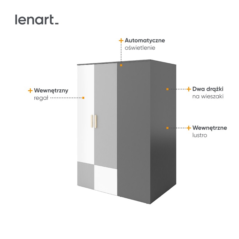 Trzydrzwiowa szafa Lenart w kolorach szarości i bieli z opisem funkcji i oświetleniem.