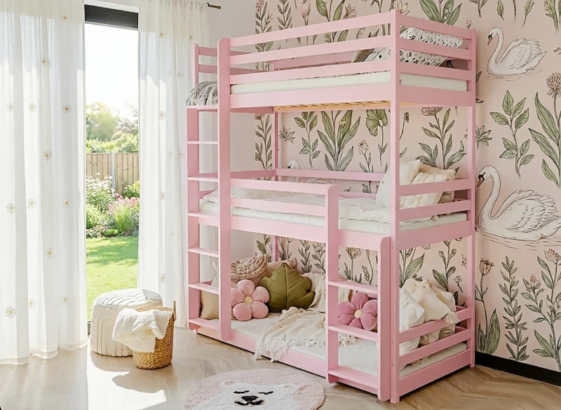 Różowe łóżko piętrowe trzyosobowe w pokoju dziewczynki z motywem łabędzi.