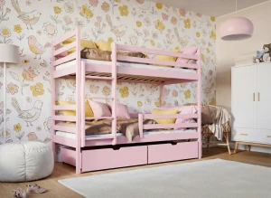 Różowe łóżko piętrowe z szufladami w pokoju dziewczynki z motywem kwiatowym.