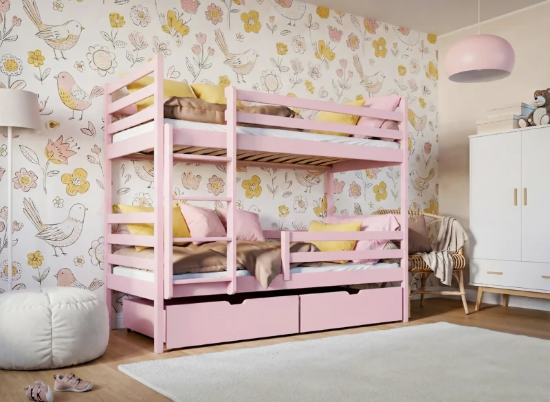 Różowe drewniane łóżko piętrowe z szufladami w przytulnym pokoju dziecięcym.