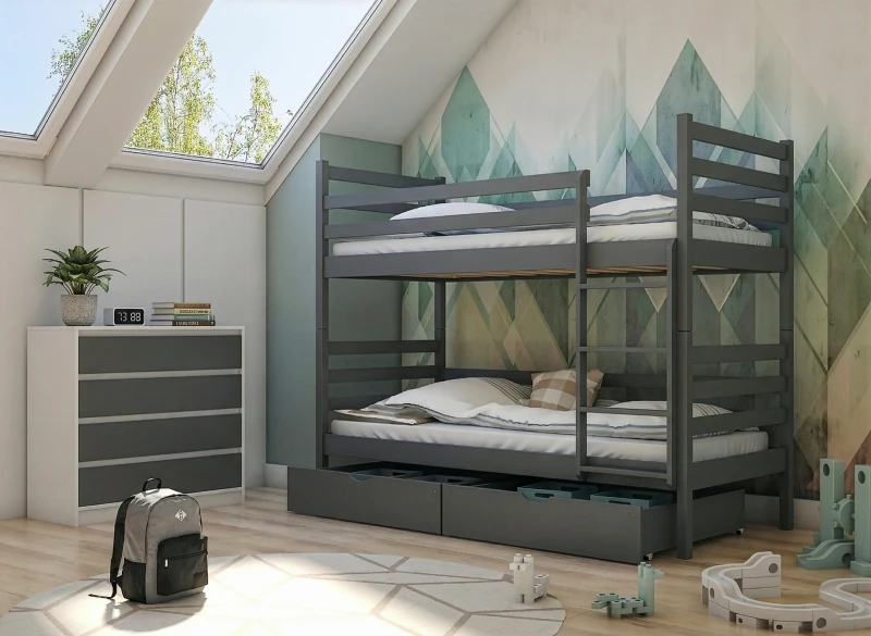 Nowoczesne szare łóżko piętrowe wykonane z drewna w pokoju dla rodzeństwa.