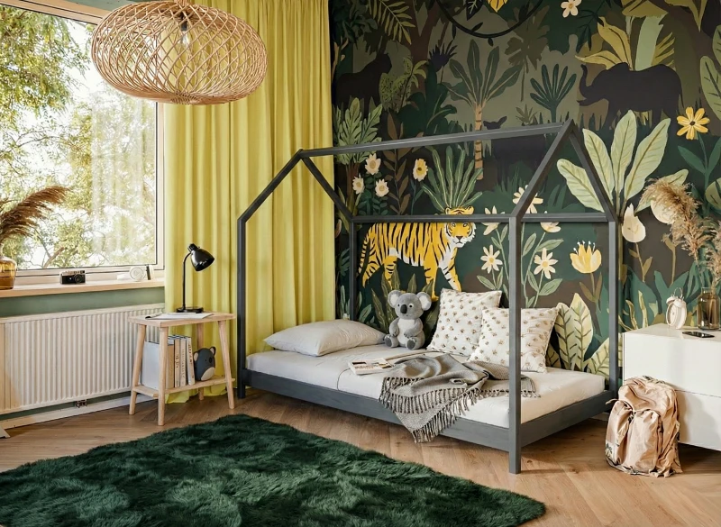 Solidne drewniane łóżko domek z pojemnymi szufladami. Rysunek techniczny z dokładnymi wymiarami.