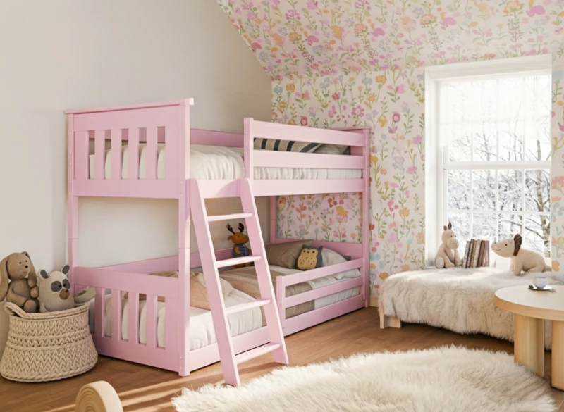 Jasnoróżowe łóżko piętrowe w pokoju ze skosem i kolorową tapetą w kwiaty.