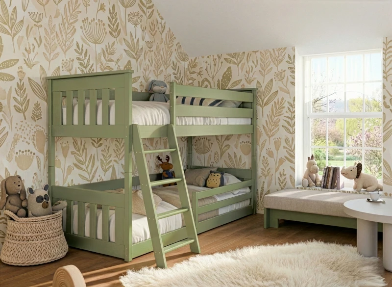 Zielone łóżko piętrowe trzyosobowe w pokoju dziecięcym z tapetą w kwiaty