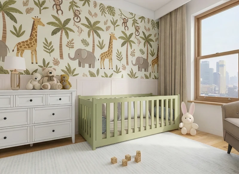 Zielone drewniane łóżeczko w nowoczesnym pokoju dziecięcym z tapetą w żyrafy i słonie.