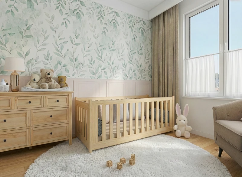 Aranżacja wnętrza pokoju dziecięcego z białym dywanem, klockami i pluszowym królikiem.