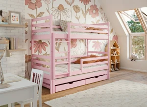 Różowe łóżko piętrowe 3-osobowe z barierkami i szufladami, idealne do pokoju rodzeństwa.