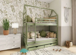 Drewniane łóżko piętrowe domek w kolorze oliwkowym z dodatkową szufladą na materac.