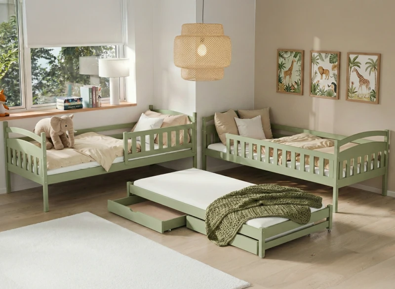 Zielone łóżko dziecięce potrójne z wysuwaną dostawką w pokoju z motywem safari.