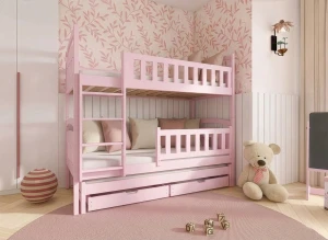 Piętrowe łóżko dla trojga dzieci, różowe, z barierkami ochronnymi i szufladami.