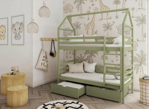 Solidne łóżko piętrowe dla dzieci w kształcie domku, kolor oliwkowy z szufladami.