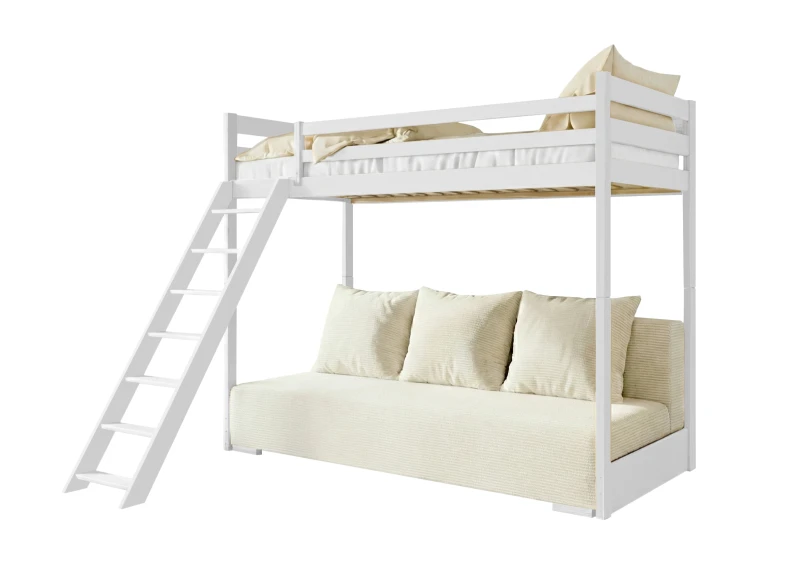 Białe łóżko piętrowe z sofą, drewniane, zielone poduszki, pluszowy jeleń, na białym tle.