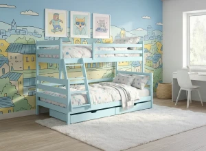 Błękitne łóżko piętrowe dla dzieci z szufladami w pokoju z fototapetą.