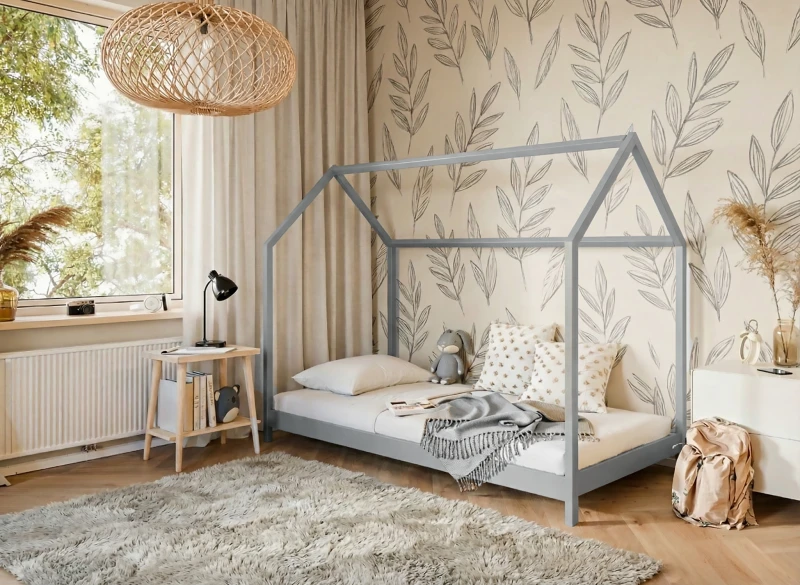 Łóżko domek dziecięce z dwoma szufladami. Rysunek techniczny z wymiarami produktu na białym tle.