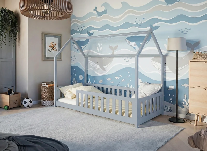 Schemat łóżka piętrowego z drewna, z wymiarami i drabinką, na białym tle.