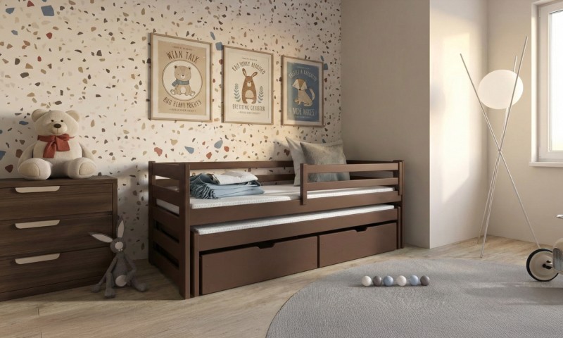 Schemat techniczny dwuosobowego łóżka z szufladami i wymiarami w cm.