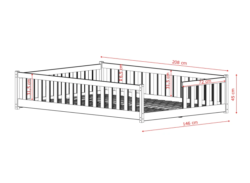 Schemat techniczny szerokiego łóżka 140x200 cm z niską barierką.
