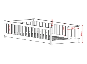 Schematyczna ilustracja łóżka z drewna dla dziecka z podanymi wymiarami.