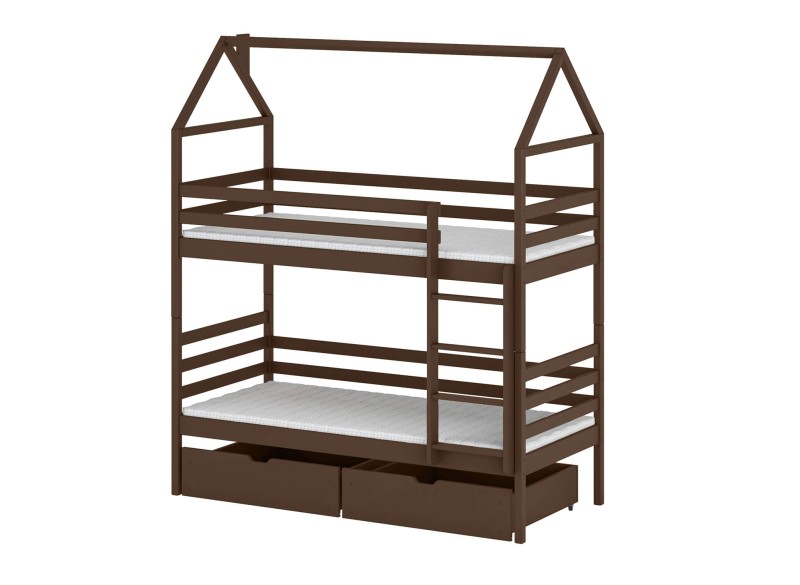 Łóżko piętrowe domek z drewna sosnowego, kolor ciemny orzech, dla dzieci.