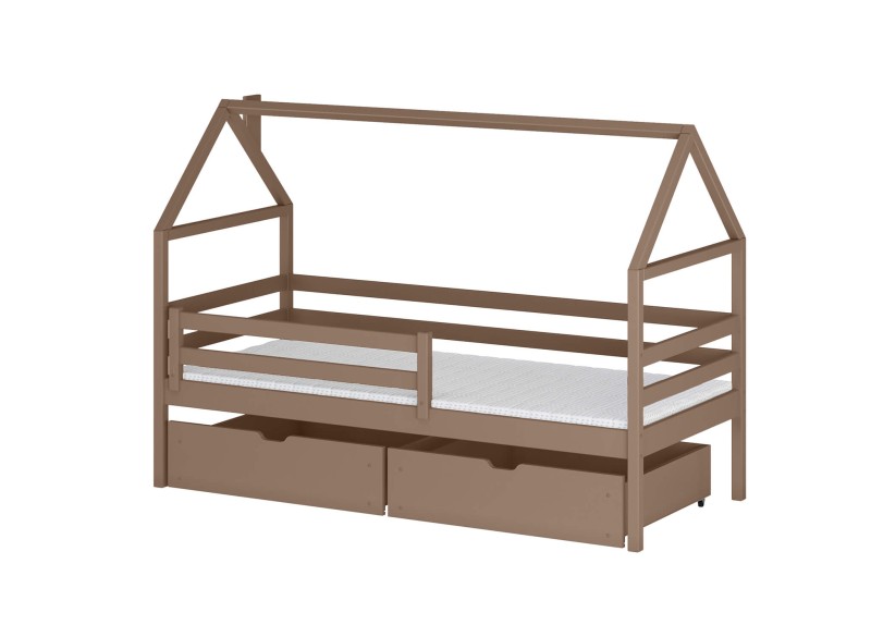 Schematyczny rysunek łóżka dziecięcego domek z opisem elementów.