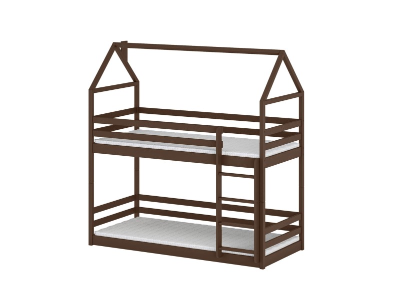 Szczegółowy rysunek wymiarowy łóżka piętrowego typu domek, idealnego do pokoju dziecięcego.