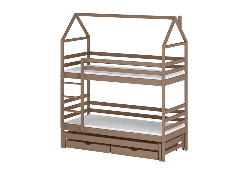 Szczegółowe wymiary łóżka piętrowego trzyosobowego w kształcie domku.
