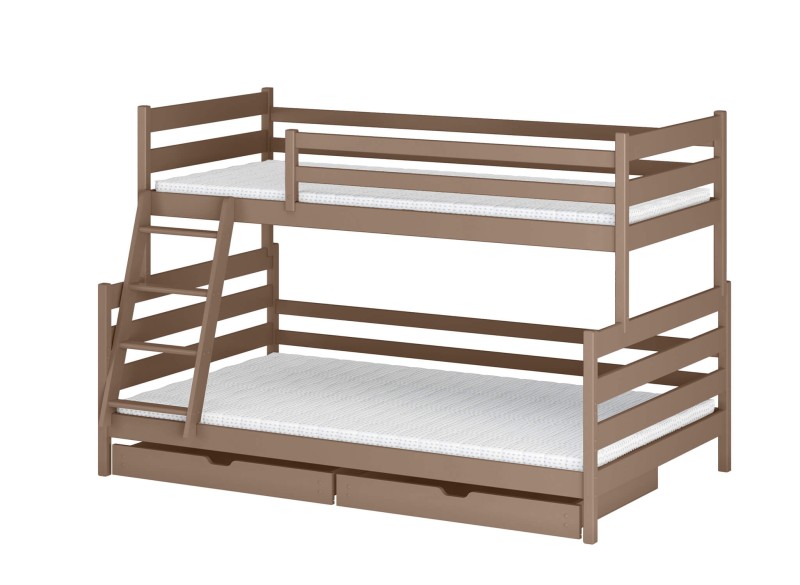 Szaro-brązowe łóżko piętrowe z drabiną i szufladami.