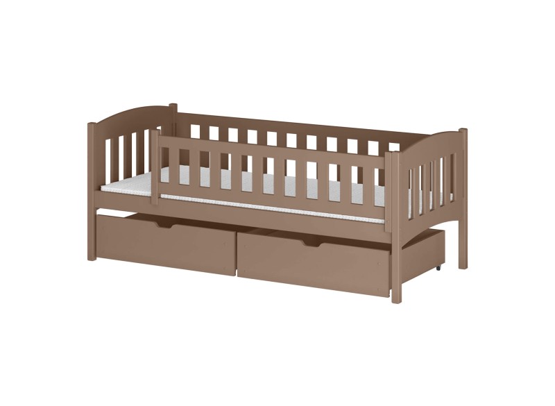 Szczegółowy schemat konstrukcji łóżka dla dzieci z wymiarami szuflad i barierek.