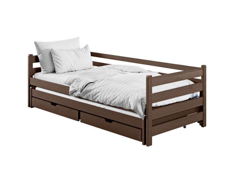 Rysunek z wymiarami łóżka dziecięcego z barierką i dwiema szufladami.