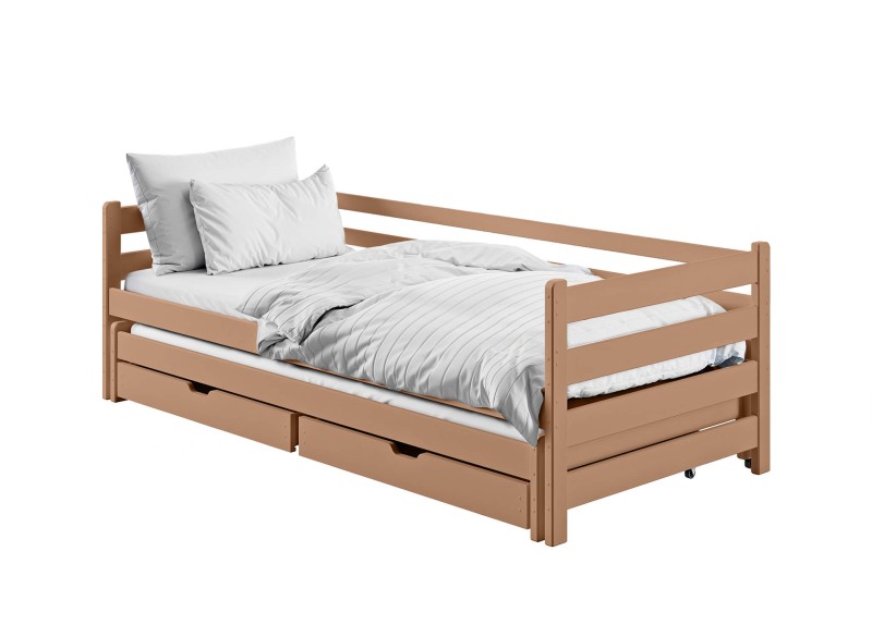 Schemat techniczny łóżka dziecięcego z barierką i dwiema szufladami.