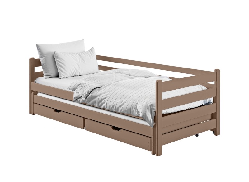 Specyfikacja techniczna łóżka parterowego z barierką i szufladami.