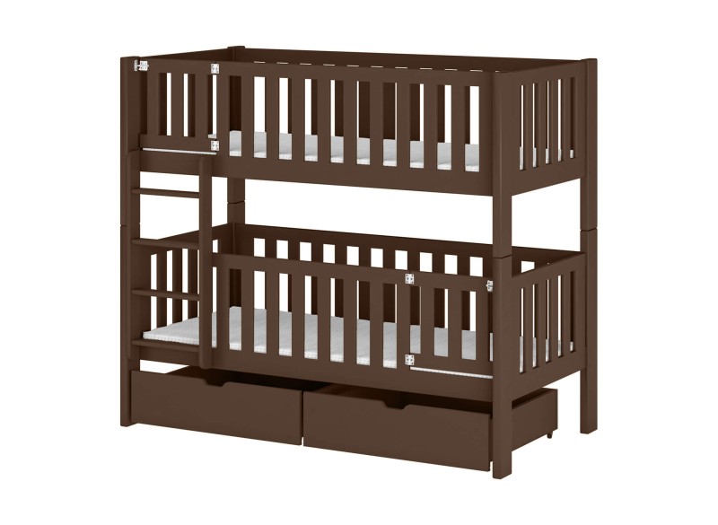 Łóżko piętrowe brązowe z drabinką, wykonane z litego drewna sosnowego.