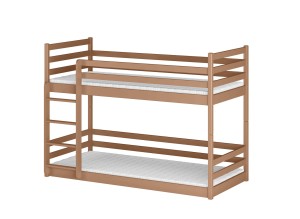 Nowoczesne drewniane łóżko piętrowe z barierką i drabiną, oszczędność miejsca w pokoju.