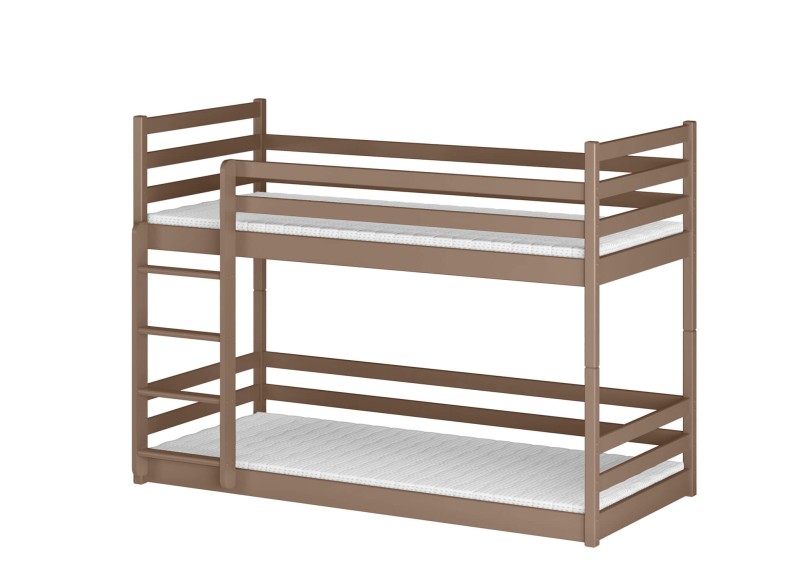 Szczegółowy diagram łóżka piętrowego z drewna pokazujący konstrukcję i bezpieczeństwo barierek.