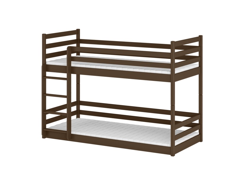 Łóżko piętrowe dla dzieci, kolor orzech, wykonane z litego drewna.