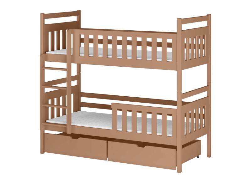 Łóżko piętrowe z drabinką z boku i schowkami pod spodem.