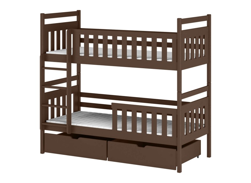 Drewniane łóżko piętrowe brązowe z dwoma materacami i praktycznymi szufladami.