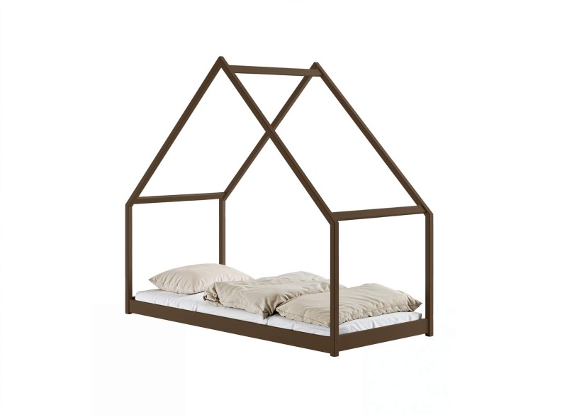 Ciemnobrązowe łóżko domek z drewna, solidna konstrukcja do pokoju dzieci