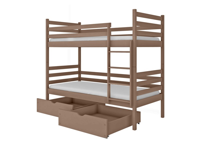 Dokładny rysunek konstrukcyjny białego łóżka piętrowego z opisem.