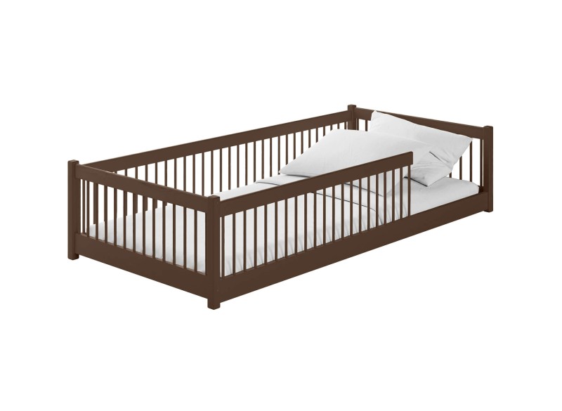 Rysunek techniczny łóżka domek z wymiarami konstrukcji.