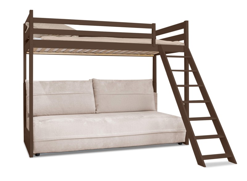 Łóżko piętrowe z sofą pod spodem, ciemnobrązowa rama