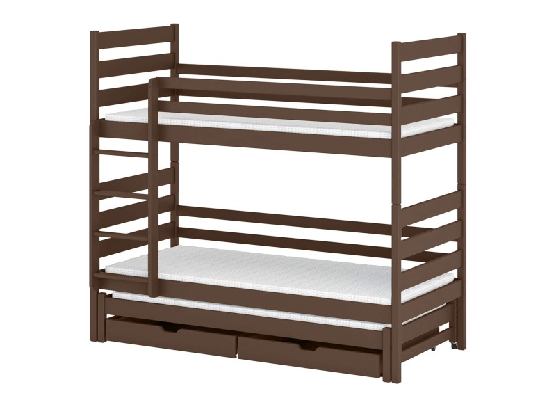 Trzyosobowe łóżko piętrowe brązowe, idealne do pokoju dziecięcego.