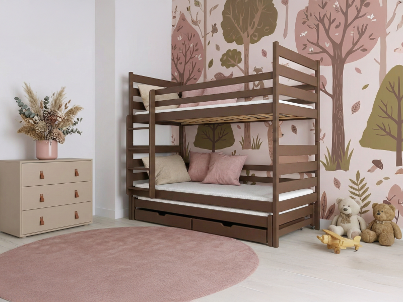 Widok techniczny łóżka piętrowego 3-osobowego z opisem wymiarów.