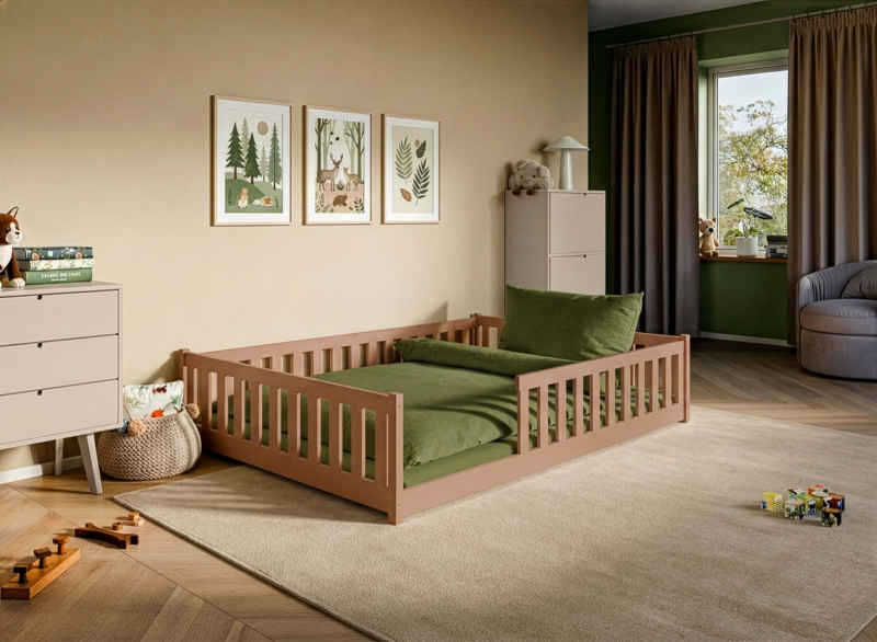 Drewniane łóżko dziecięce typu floor bed z barierkami, zielona pościel w sypialni.