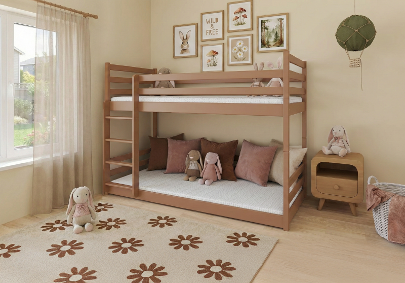 Wymiary barierek ochronnych i drabinki w łóżku piętrowym, rysunek techniczny.